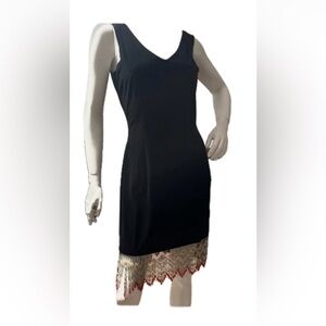 velvet strapless Elegant Black Midi Dress designer with Beaded Hem EUC